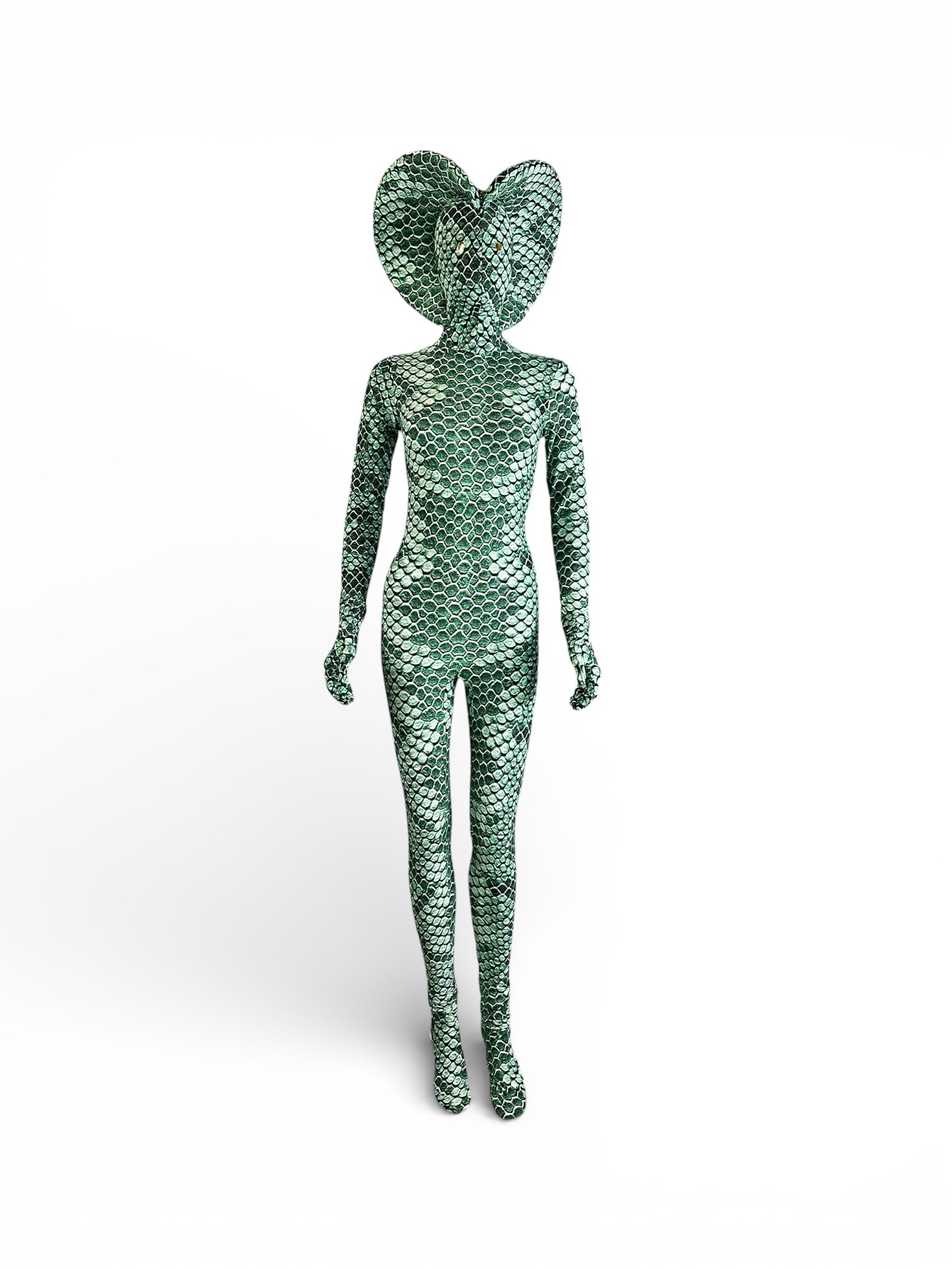 Model wears the Green Pixel Cobra Costume: a snake print catsuit, sculpted headdress, and contortionist-friendly dance unitard—perfect for serpent cosplay. Shown on a white background. Custom made to order.