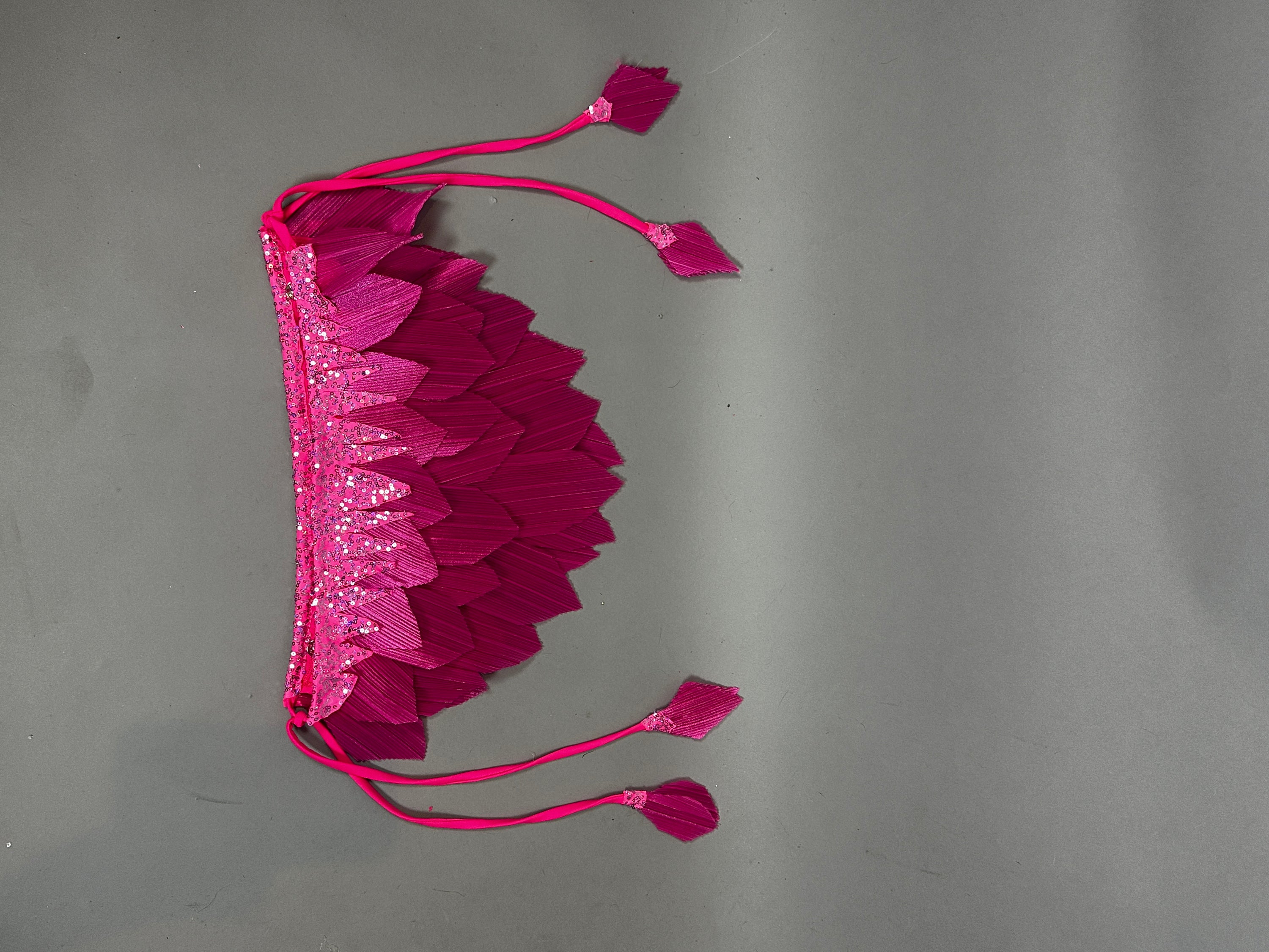 The Pink Bird full costume, perfect for aerial gymnastics, dancers, and TV productions, features tasseled pink decorative trim with sequins—ideal for performance outfits—displayed on a plain gray background.