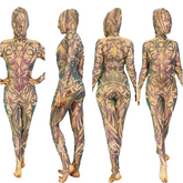 Four views of a person in a custom Spandex Catsuit featuring intricate designs and full head covering. This exotic dancewear bodysuit, suitable as bridal attire, dazzles with detailed patterns and shimmering sequin mesh.