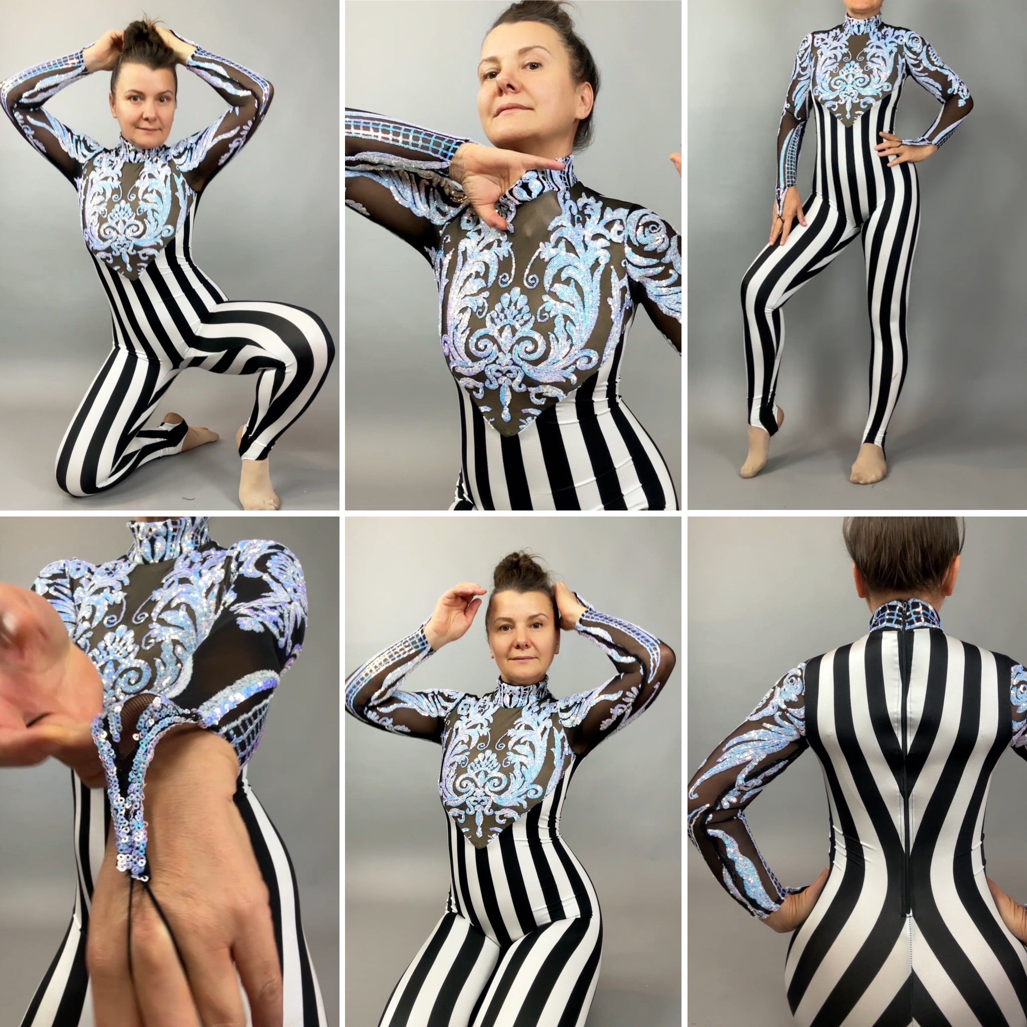 Model showcases the Glamorous Sequins Stripes Catsuit costume, featuring black-and-white stripes, blue ornate accents, and a sequined leaf design, displayed from multiple angles.