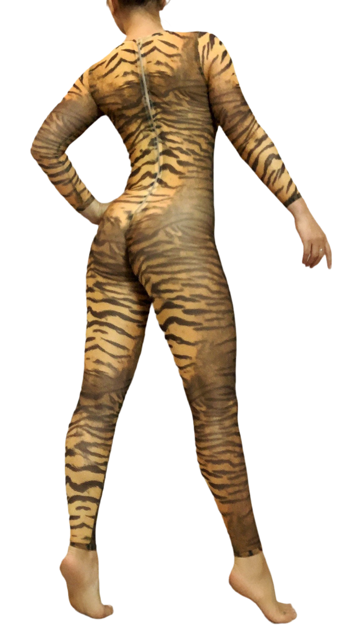 Model wears the Tiger Print Sheer Catsuit— a full-sleeve power mesh bodysuit—standing barefoot with one hand on their hip, facing away.