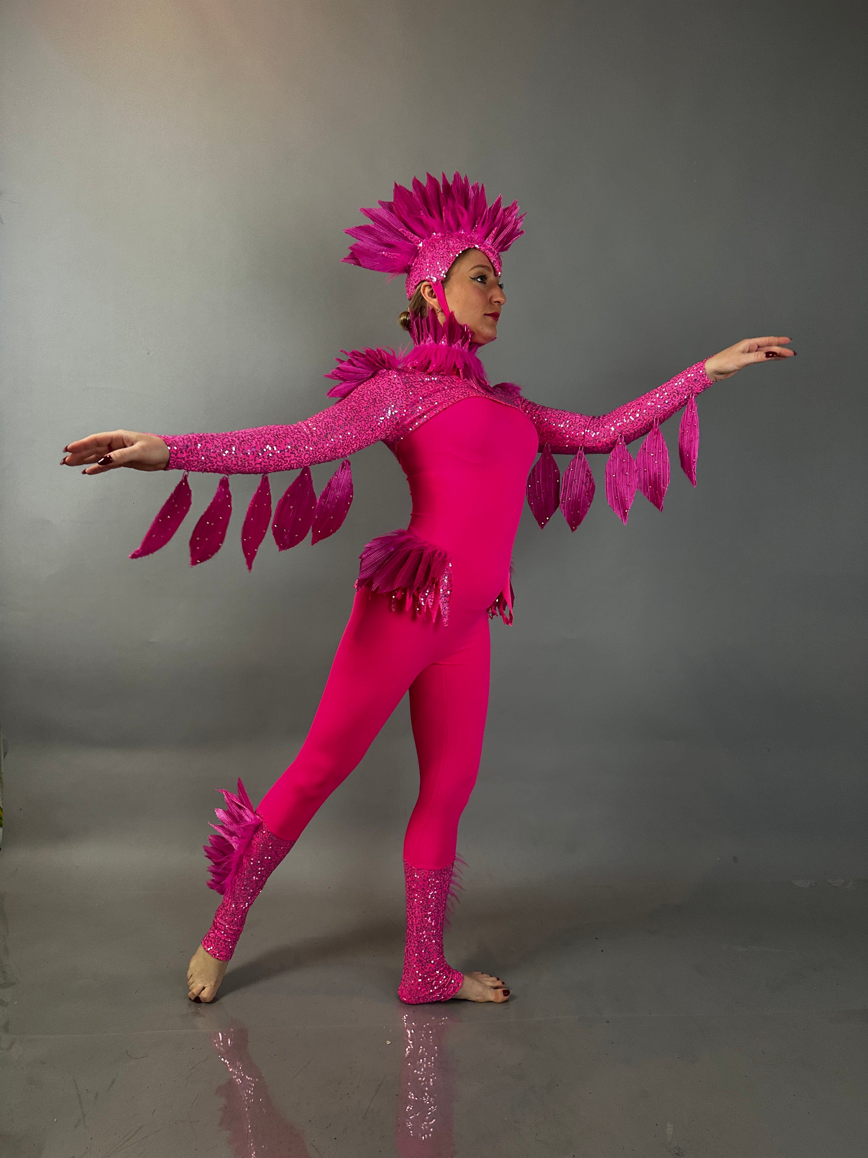 Model wears the Pink Bird Full Costume for aerialists and dancers, featuring bright pink feathers and outstretched wings, posed against a gray background—ideal for stage performances.