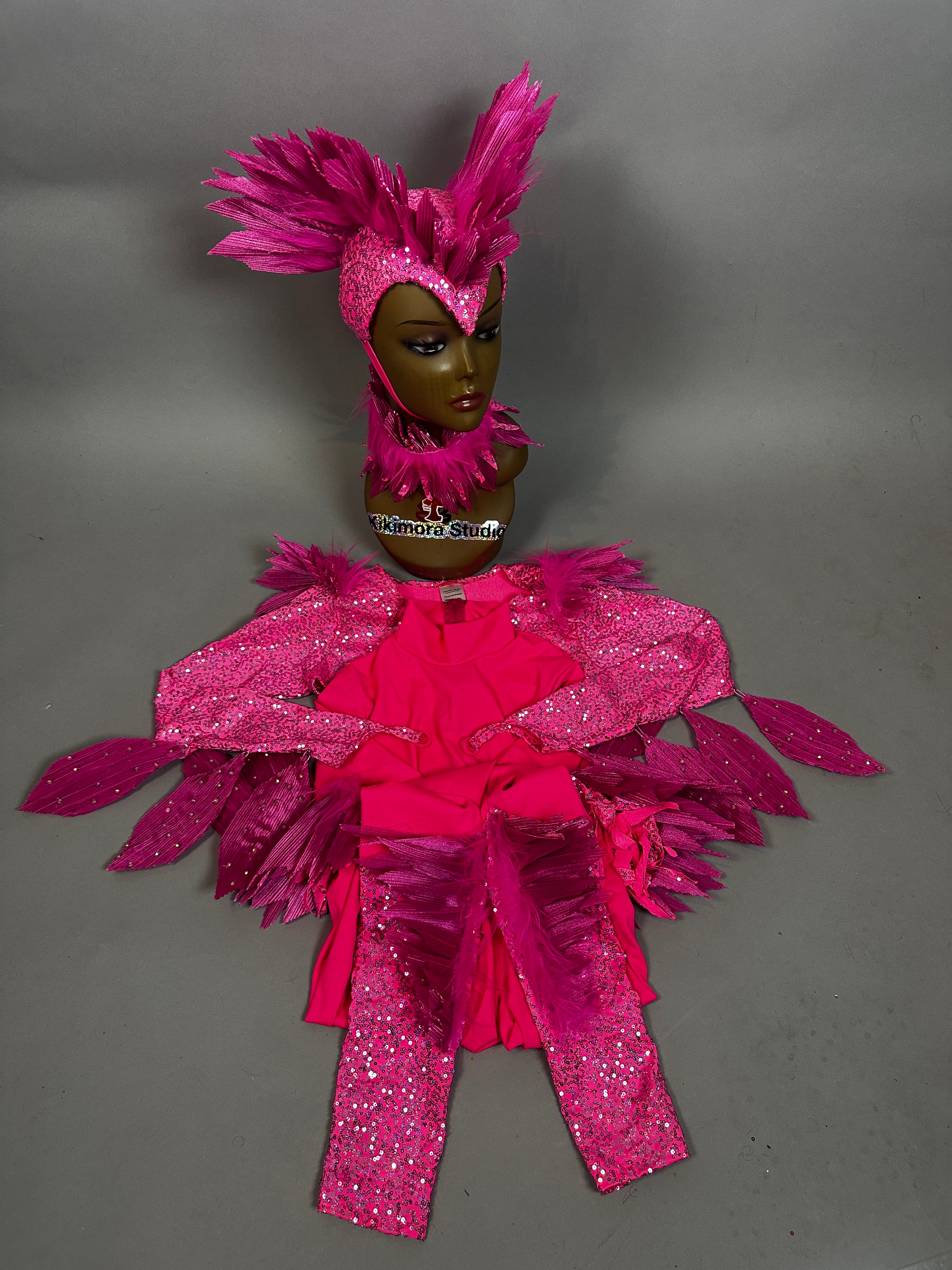 The Pink Bird Full Costume for aerialists and dancers features a mannequin head with a pink feathered headdress and matching sparkly pink costume pieces on a gray background, perfect for dramatic stage or bird-themed performances.