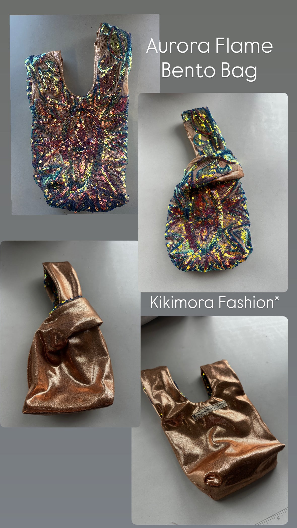 Four views of the Aurora Flame Bento Bag, a handcrafted, reversible, upcycled sequin mini tote with bronze accents and a Japanese-style bento closureāa sustainable fashion accessory.