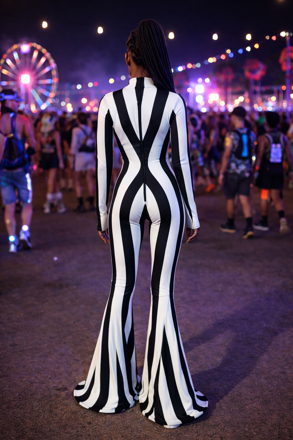 At a festival, someone wears the Rave White Striped Catsuit with bellbottom legs, standing out amid vibrant lights and a glowing ferris wheelāa bold performer outfit.