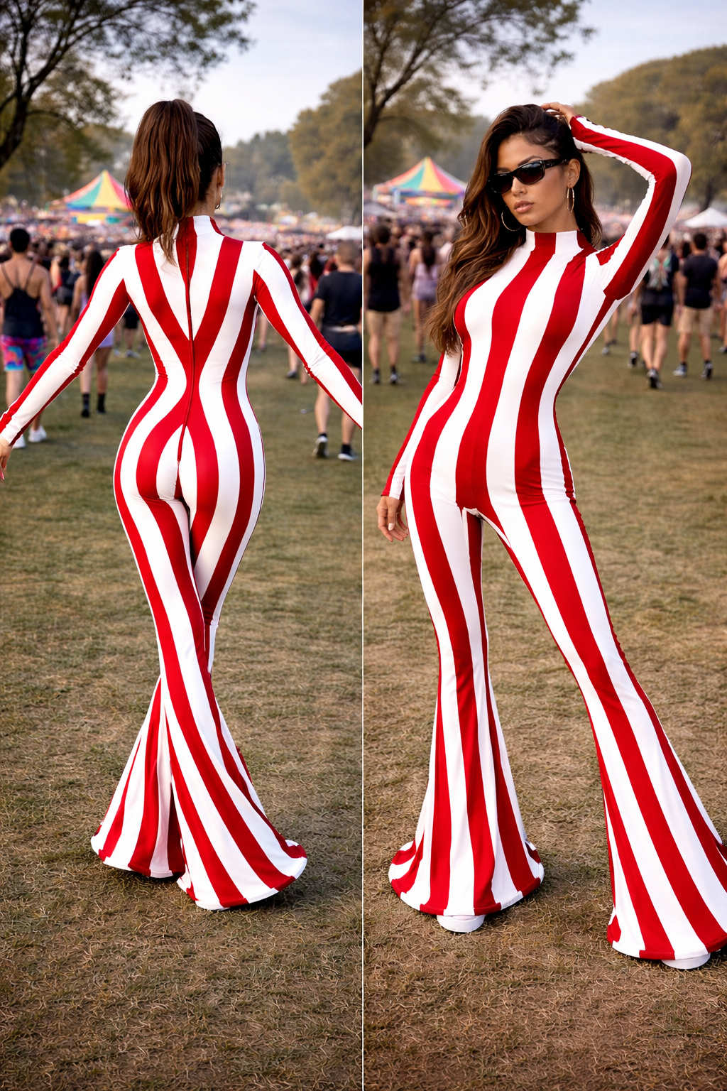 Woman models the Rave White Striped Catsuit with bellbottom legs at an outdoor festival, accessorized with sunglasses.