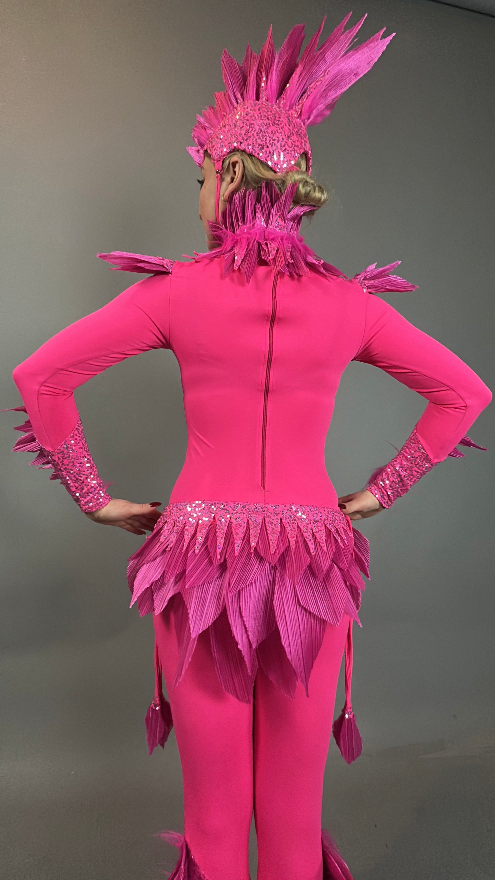 Person wearing the Pink bird full costume for aerial gymnastics, dancers, and TV productions, seen from the back with a bright pink feathered design and headpiece against a plain background.