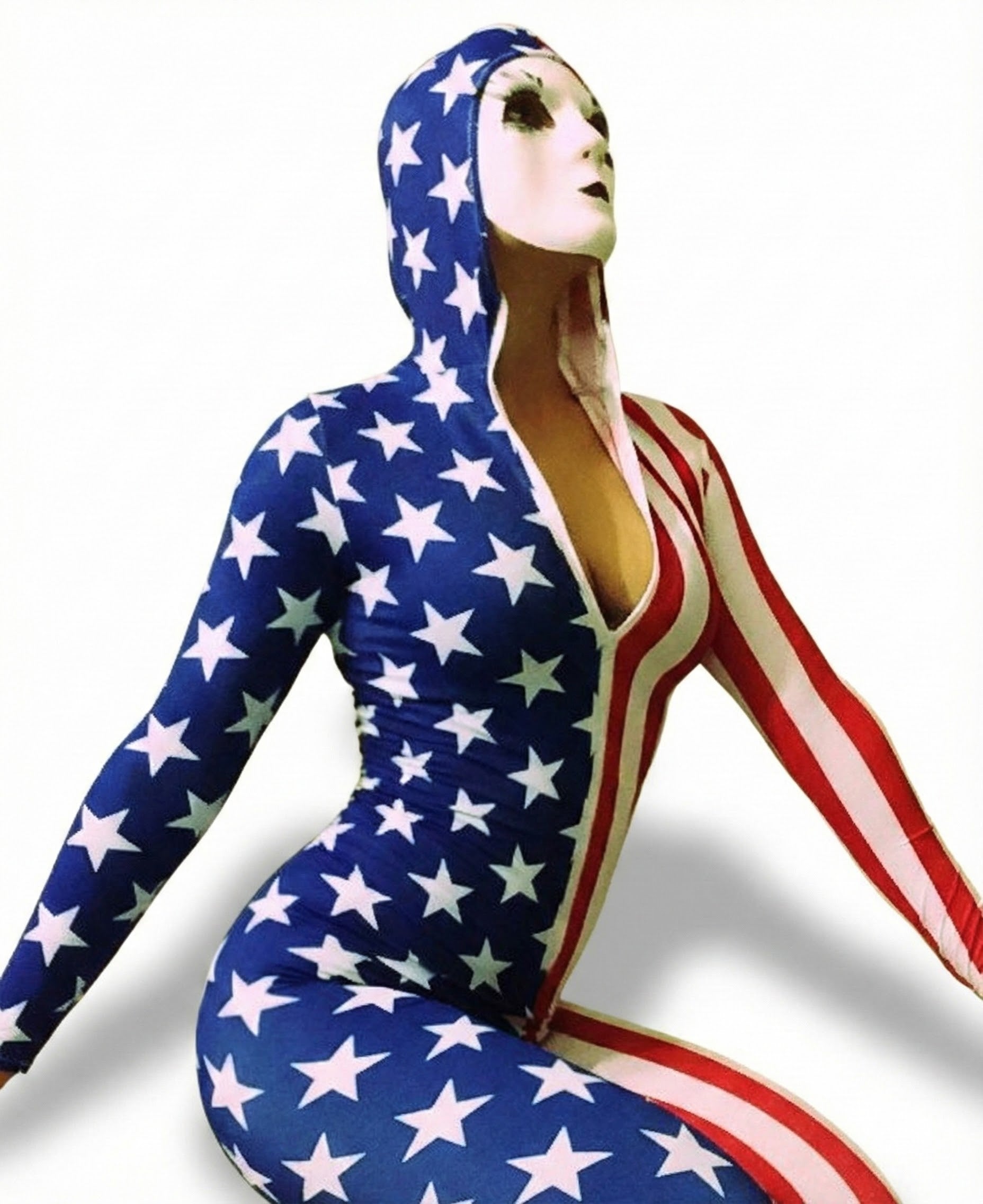 Model wearing the Bodysuit for Women—an American Flag-themed Zentai Costume with white stars, red stripes, mask, and hood—posing against a white background. Custom sizes available.