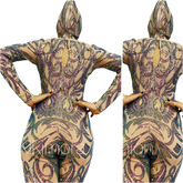 A person in a detailed Spandex Catsuit featuring intricate multicolored patterns, reminiscent of custom-made circus attire, poses with hands on hips.