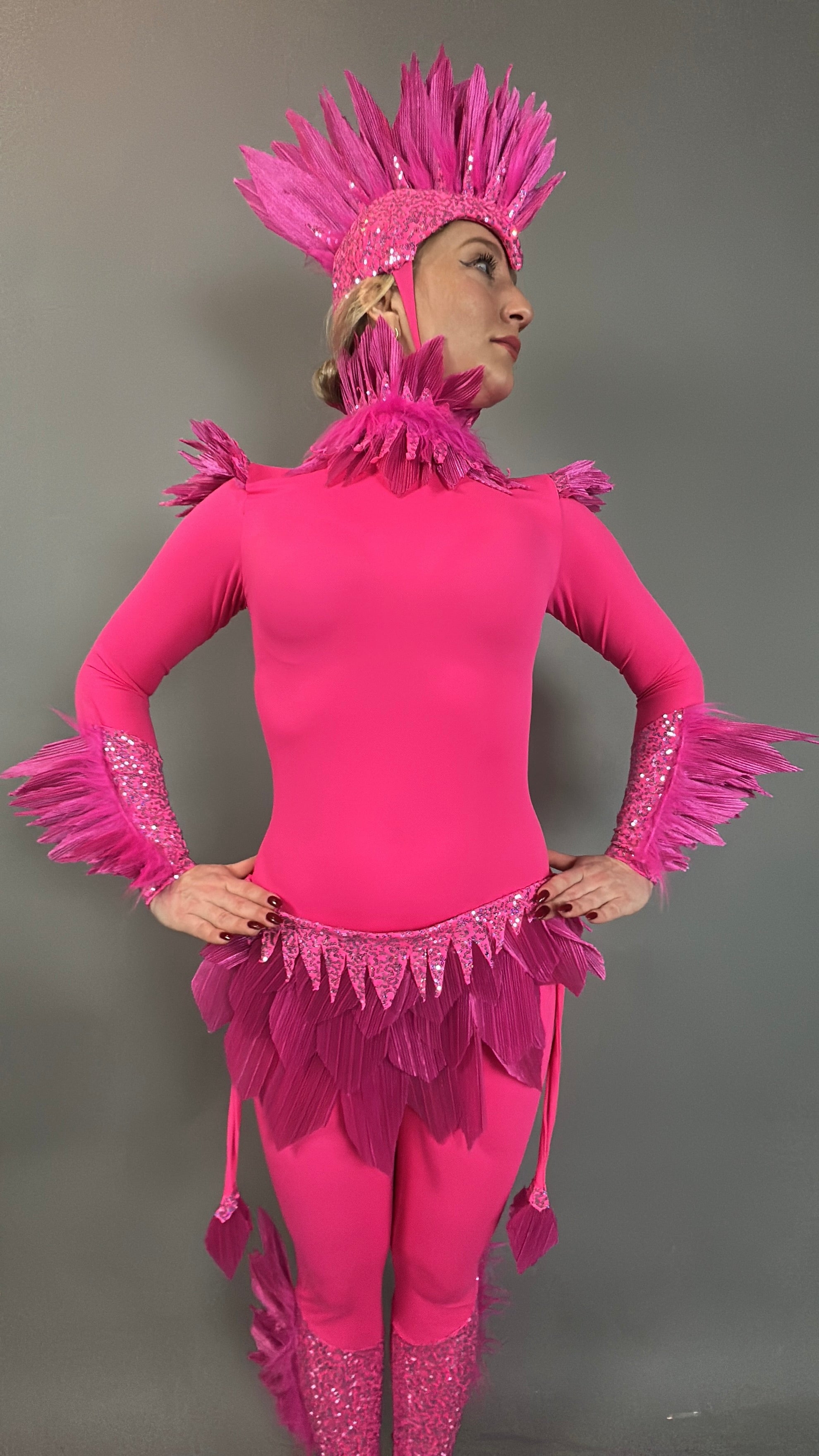 A person poses in the Pink Bird full costume for aerial gymnastics, dancers, and TV productions, featuring a feathered headpiece and collar—ideal for dazzling stage performances.