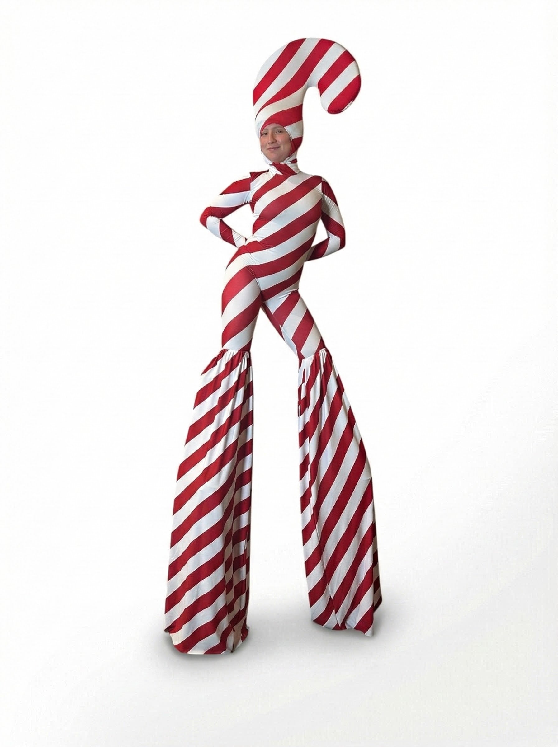 Person wearing the Candy Cane Christmas Costume for Performersโa red & white striped spandex jumpsuit with stilt covers and headpiece, perfect full-body holiday wear for parades and festive events.