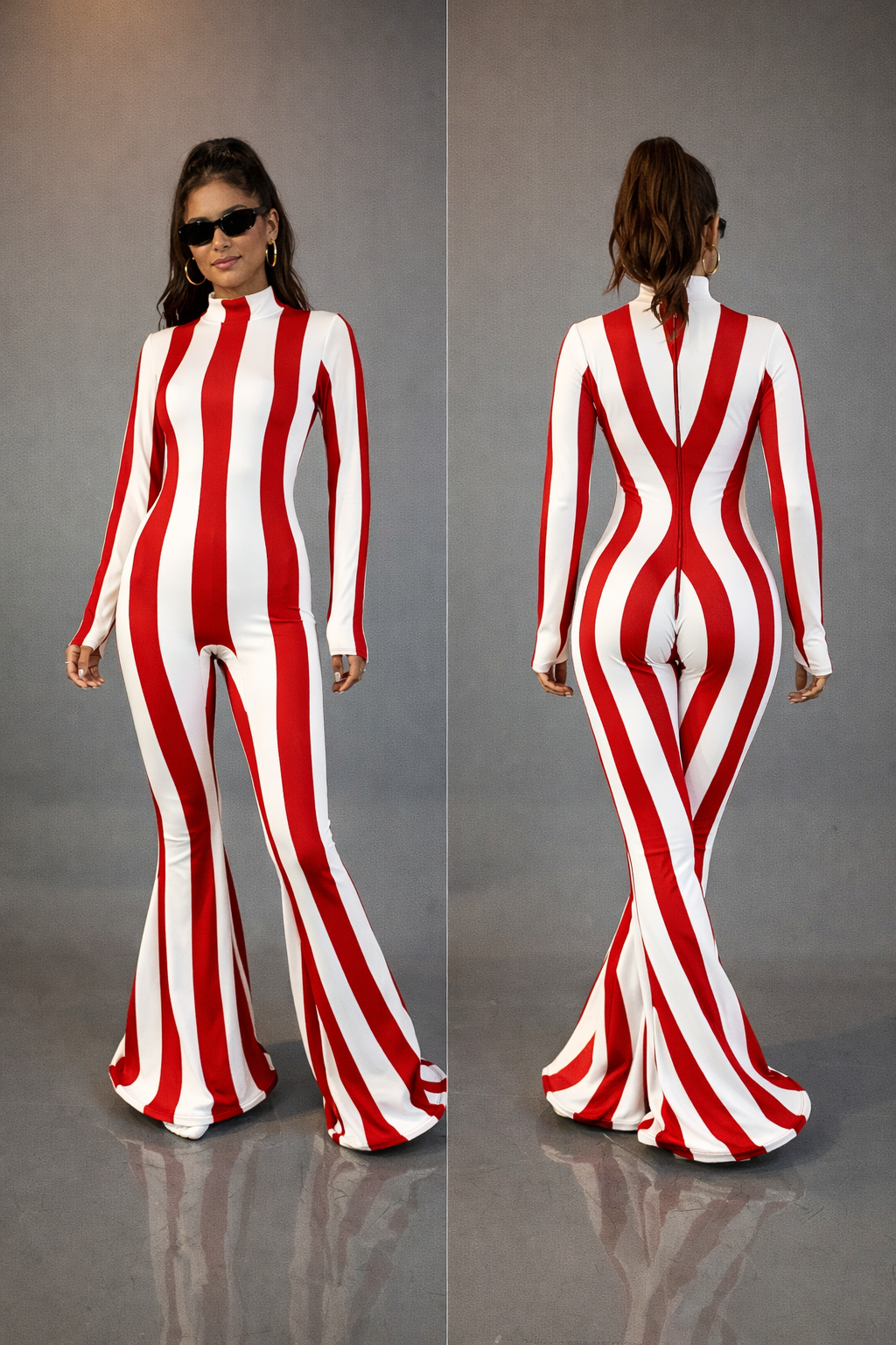Woman in the Rave White Striped Catsuit with bellbottom legs, featuring bold white stripes, shown from front and back with sunglasses—a standout performance jumpsuit.