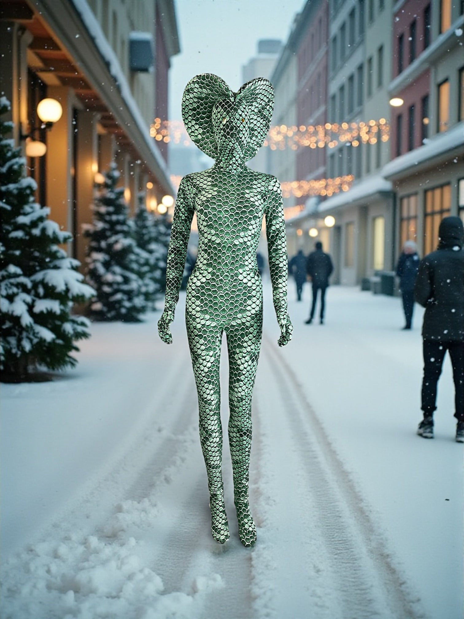 Wearing the Green pixel Cobra Costume—a snake print catsuit with matching headdress—a person stands on a snowy, neon-lit city street.
