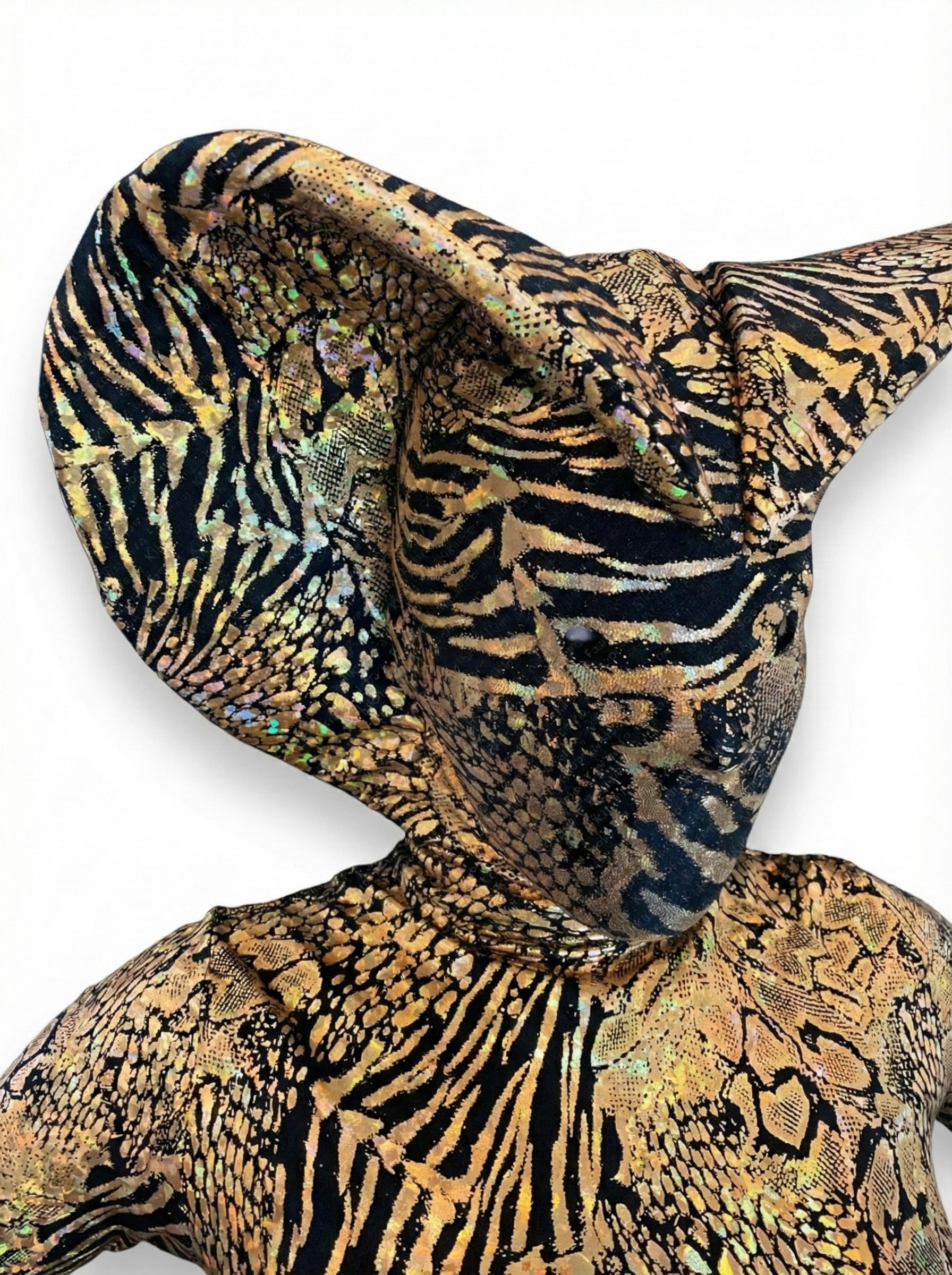 Person wearing the Gold Cobra Snake Costumeāan abstract, shiny spandex catsuit custom-made for gymnastics, acrobatics, dancers, or contortionistsāwith large pointed ears and no visible face, shown against a white background.