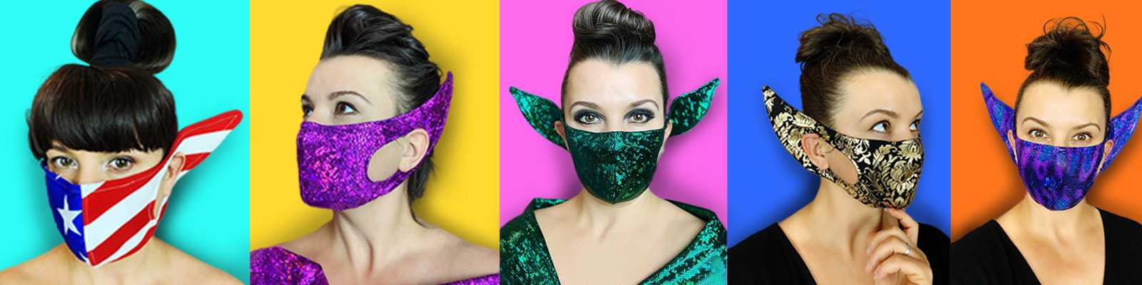Woman wears five colorful face masks with pointed ears, each mask against a bright, different-colored background.
