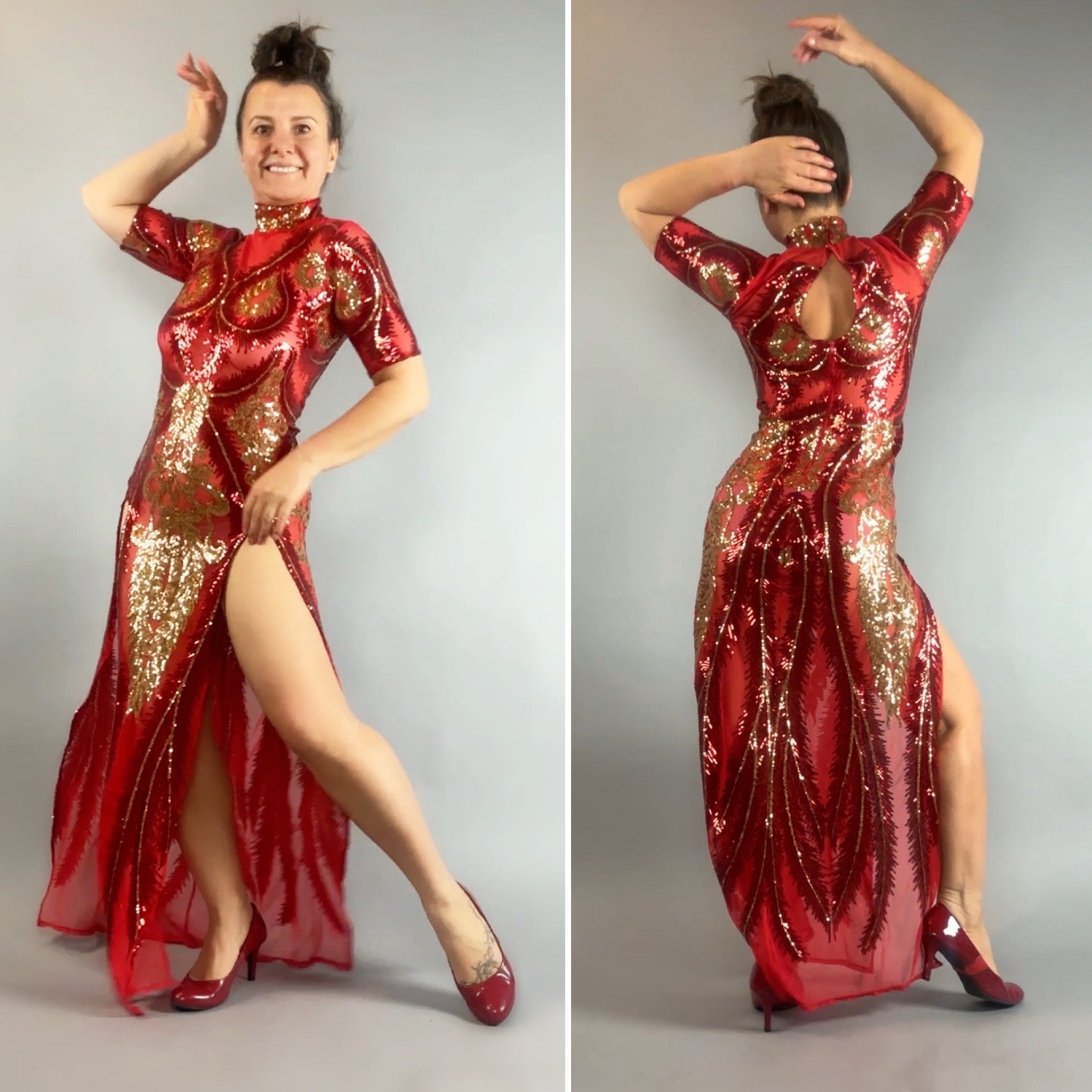 Woman poses in the Red and Gold Sequin Sheer Dress, sleeveless with hand accessories; front and back views displayed against a plain background.