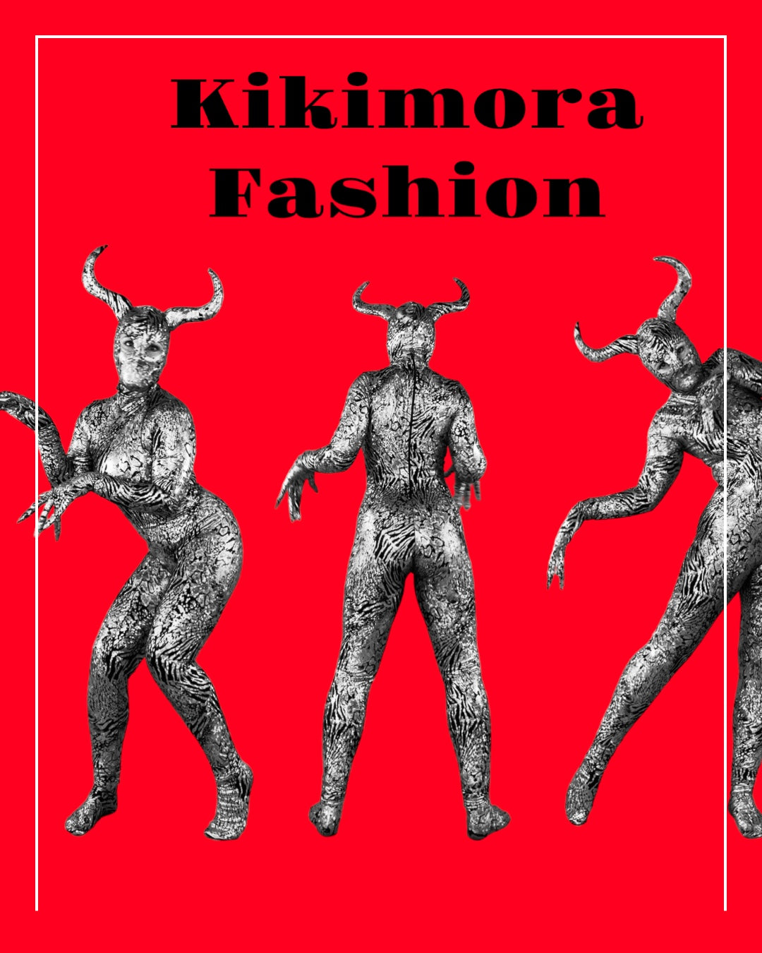Three figures in gold and black gazelle creature costumes, complete with full sleeve catsuits, headdresses, gloves, and socks, strike a pose against a red backdrop.