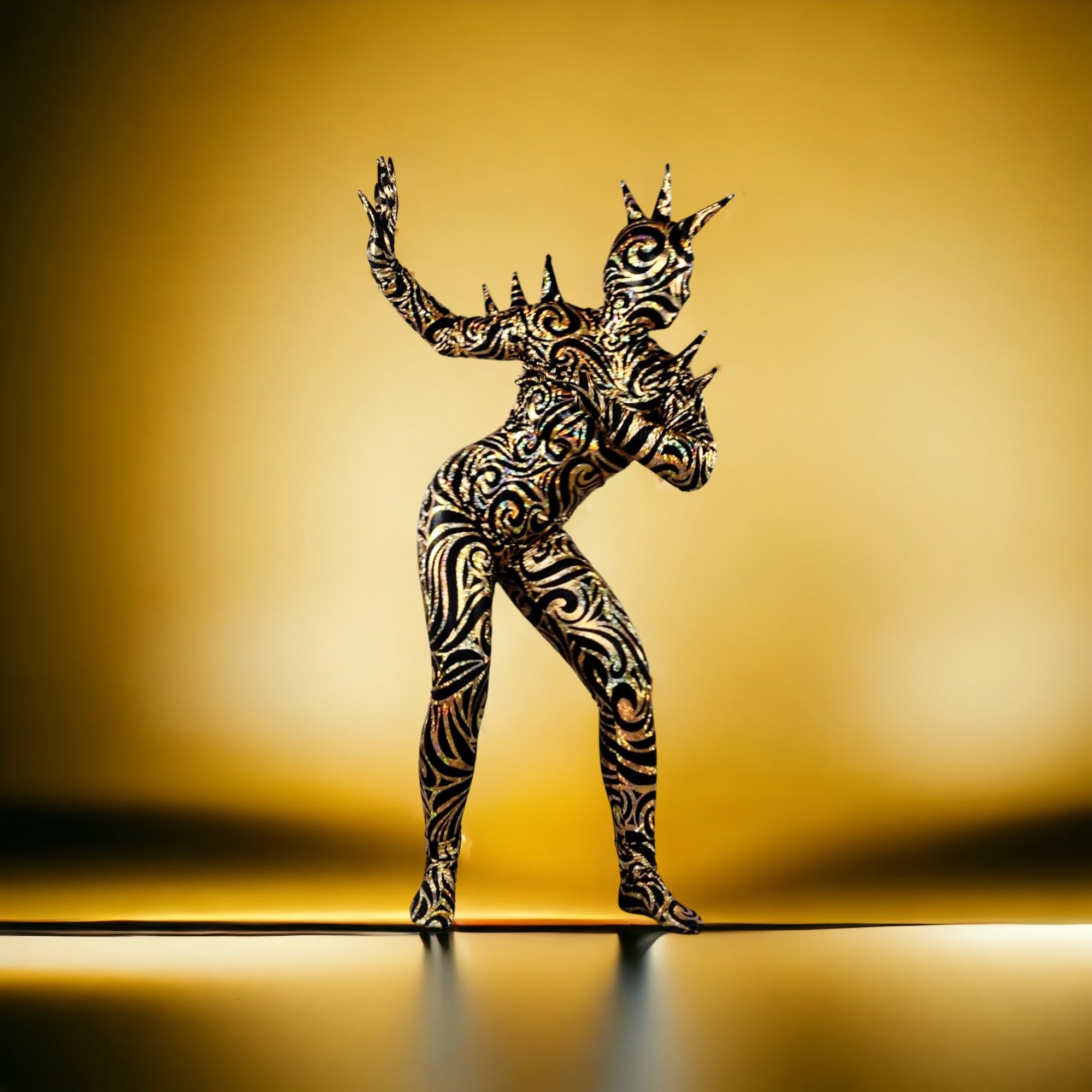 An artistic figure in the Alien Full Body Costume Set, featuring a turtleneck catsuit with spiked accessories and an open-eye headpiece, poses against a yellow gradient background.