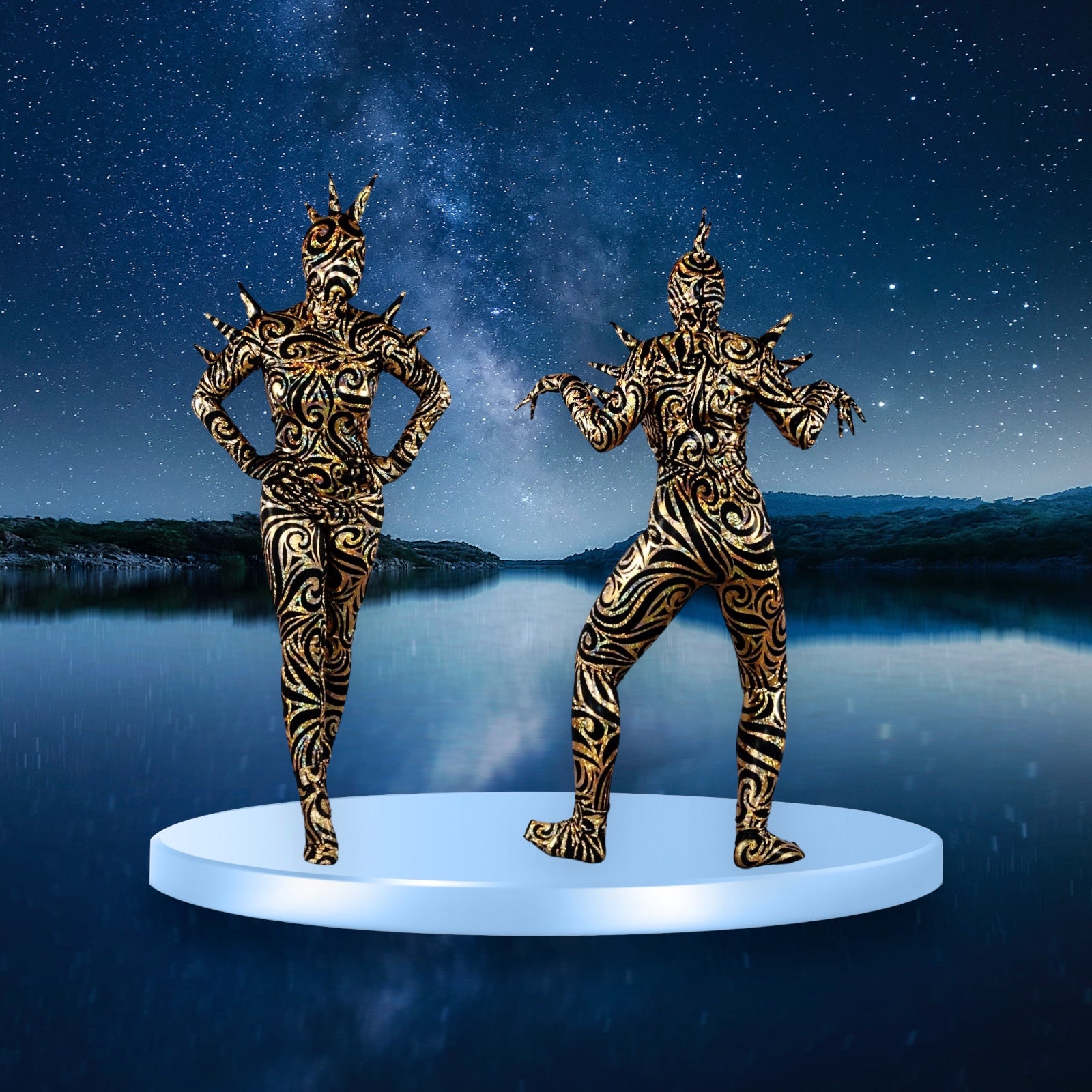 Two abstract sculptures featuring intricate patterns on a platform are displayed in a futuristic design, set against a starry night sky over water, reminiscent of the Alien Full Body Costume Set with its turtleneck catsuit, spiked accessories, and open-eye headpiece.
