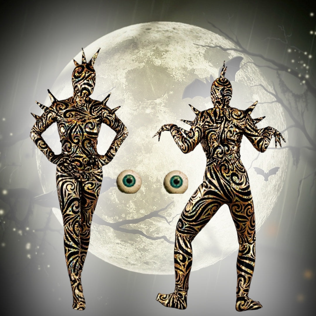 Two figures in Alien Full Body Costume Sets, featuring turtleneck catsuits and spiked accessories with open-eye headpieces, pose ominously in front of a large moon adorned with two eyes, surrounded by bats.