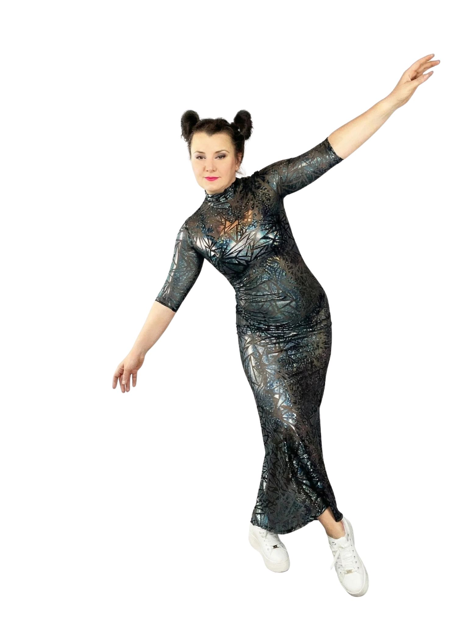 Sheer Mesh Maxi Dress, Holographic Geometric Print Gown, Black Spandex Party Dress, Long Sleeve Festival Outfit, See Through Club Wear