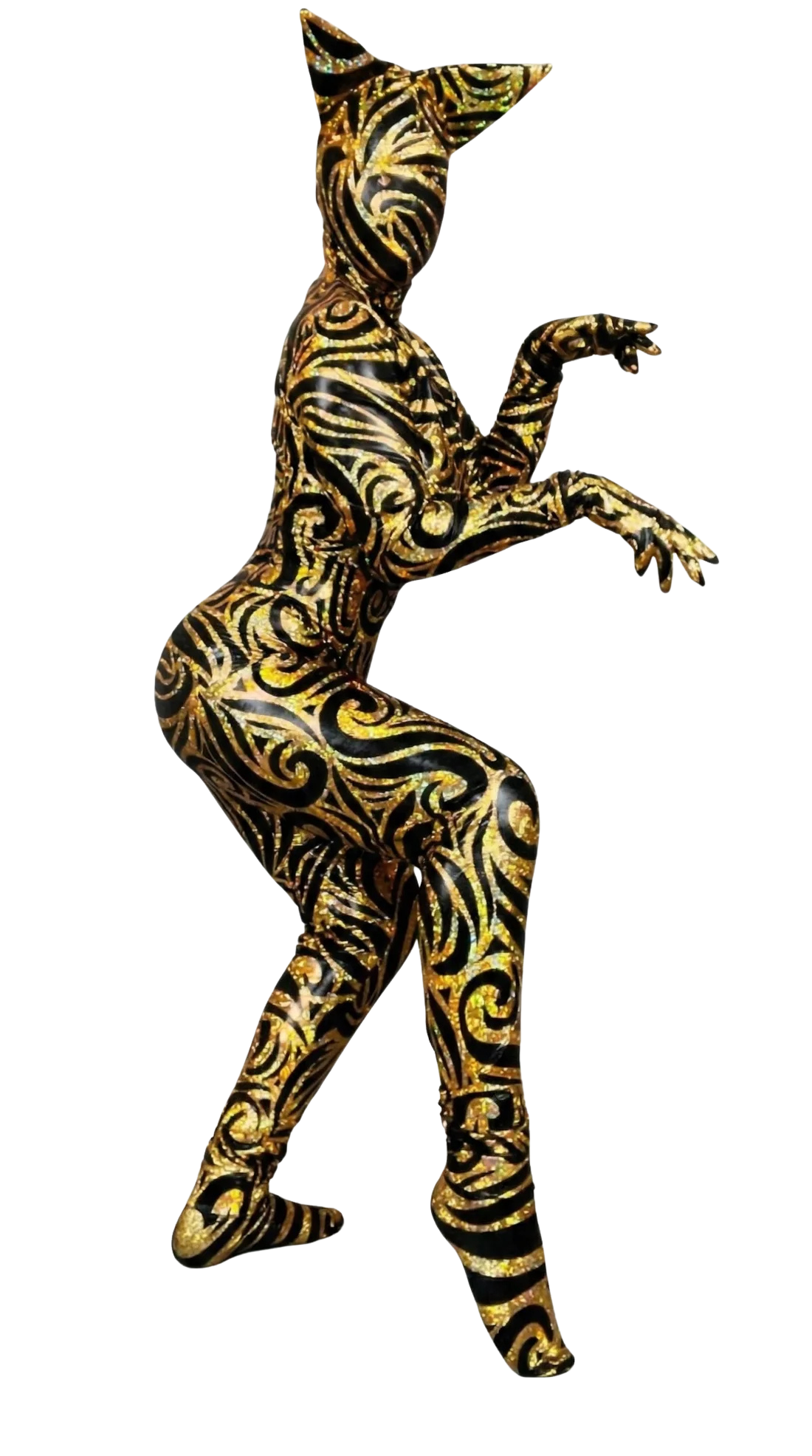 Model wears the Cat Costume with a beautiful fantasy headpiece and spandex catsuit—ideal for Halloween, dancewear, or festival looks. Trending now for unique style!.