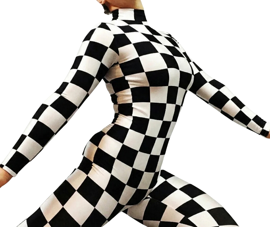 Model showcases the Dance Outfit Bodysuit Costume—a beautiful custom leotard in a black and white checkered pattern—striking a dynamic, dance-inspired pose. Perfect for gymnastics gifts; trending now!.