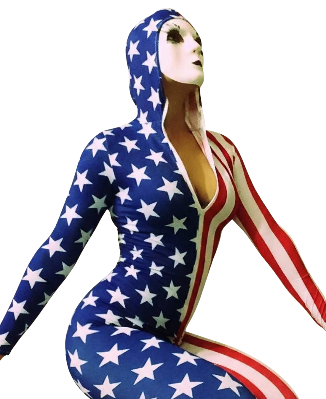Person wearing a white mask and an American Flag Bodysuit for Women Zentai Costume, sitting with arms out.