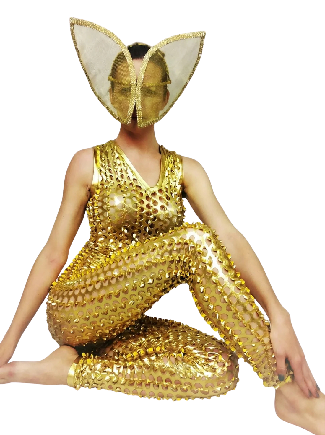 Person wearing a Gold Hollow Out Catsuit with a scoop neckline and sleeveless design, sitting cross-legged.