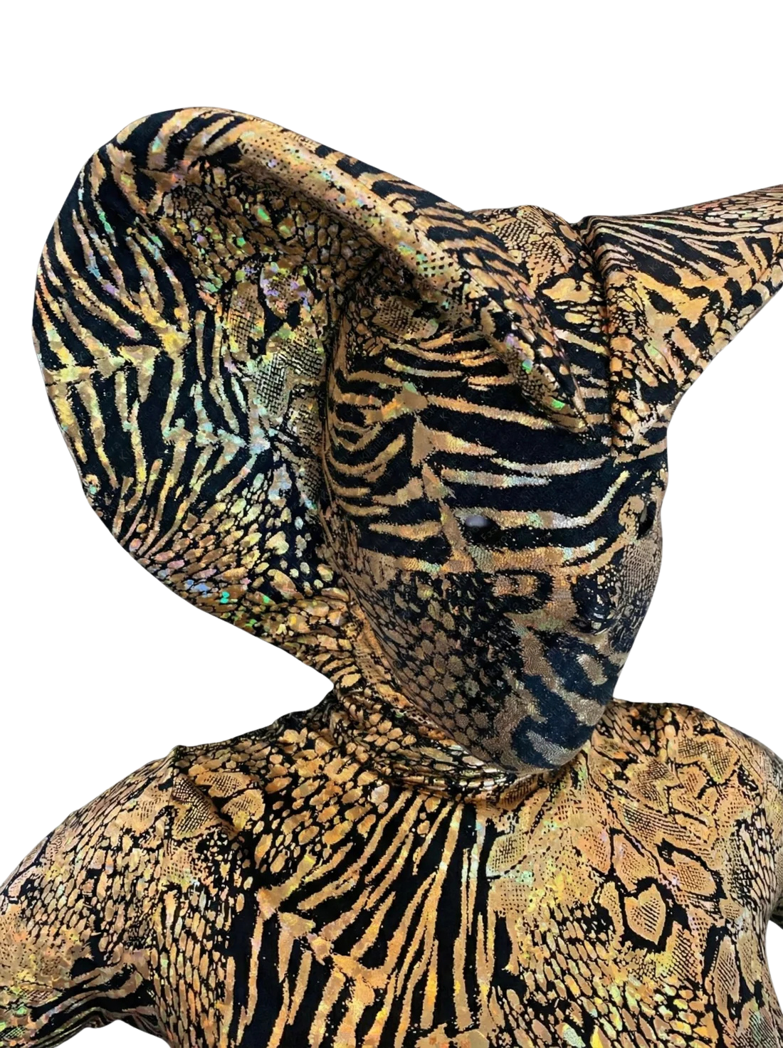Model wearing the Gold Cobra, a custom-made gold and black snake costume with animal print spandex, a sculpted pointed hood resembling a snake headdress, and no visible faceāideal for gymnasts, dancers, and acrobats.