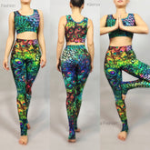 The woman embodies yoga fashion in the Peacock Leggings and Top, gracefully transitioning through poses and highlighting the perfect blend of style and function in this beautiful activewear gymwear.