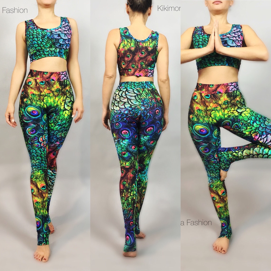 The woman embodies yoga fashion in the Peacock Leggings and Top, gracefully transitioning through poses and highlighting the perfect blend of style and function in this beautiful activewear gymwear.