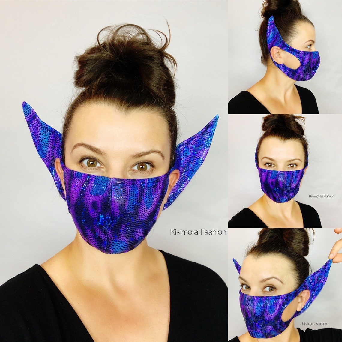 Woman wearing the Elf Ears Face Mask for All Ages, a reusable Mandalorian Baby Yoda costume accessory with large pointed ears, shown from multiple angles.