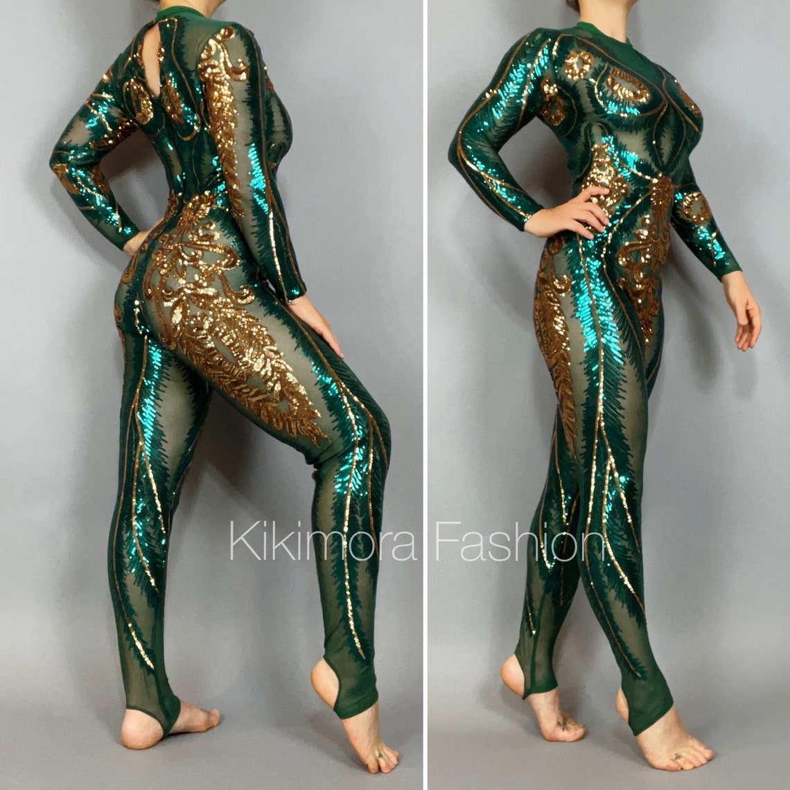The individual wears a fitted green "Showgirl Costume, Sequin Bodysuit," embellished with gold sequins, flaunting side and back angles. This custom-made piece blends artistry and glamour, ideal for contortionists or exotic dancewear.