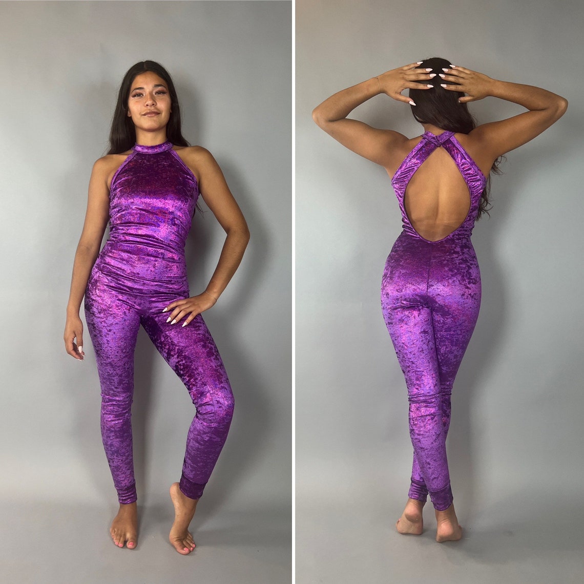 Model wearing the Velvet Open Back Jumpsuit—trending exotic dance wear and festival outfit—sleeveless, purple velvet, shown front and back against a plain background.