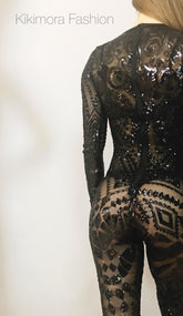 Showgirl Costume, Bodysuit for Women or Men, Beautiful Sequins Jumpsuit, Sheer Bodysuit, Bellydance Costume, Bridal Bodysuit