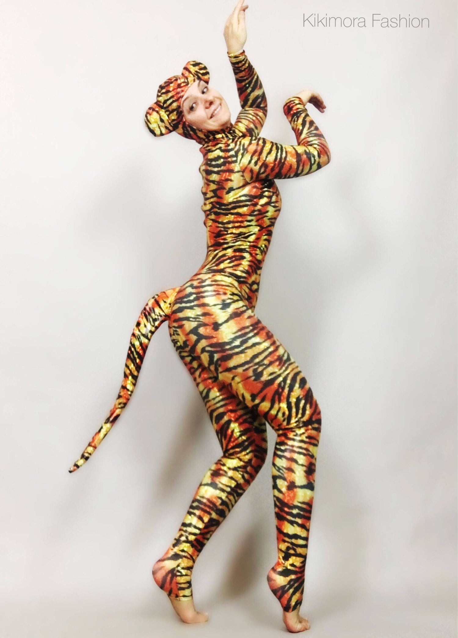 Halloween Costume for Women or Men, Halloween Costume, Cat Headpiece, Cat Tail, Tiger Bodysuit, One Piece Tiger Catsuit