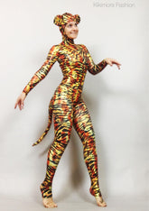 Halloween Costume for Women or Men, Halloween Costume, Cat Headpiece, Cat Tail, Tiger Bodysuit, One Piece Tiger Catsuit