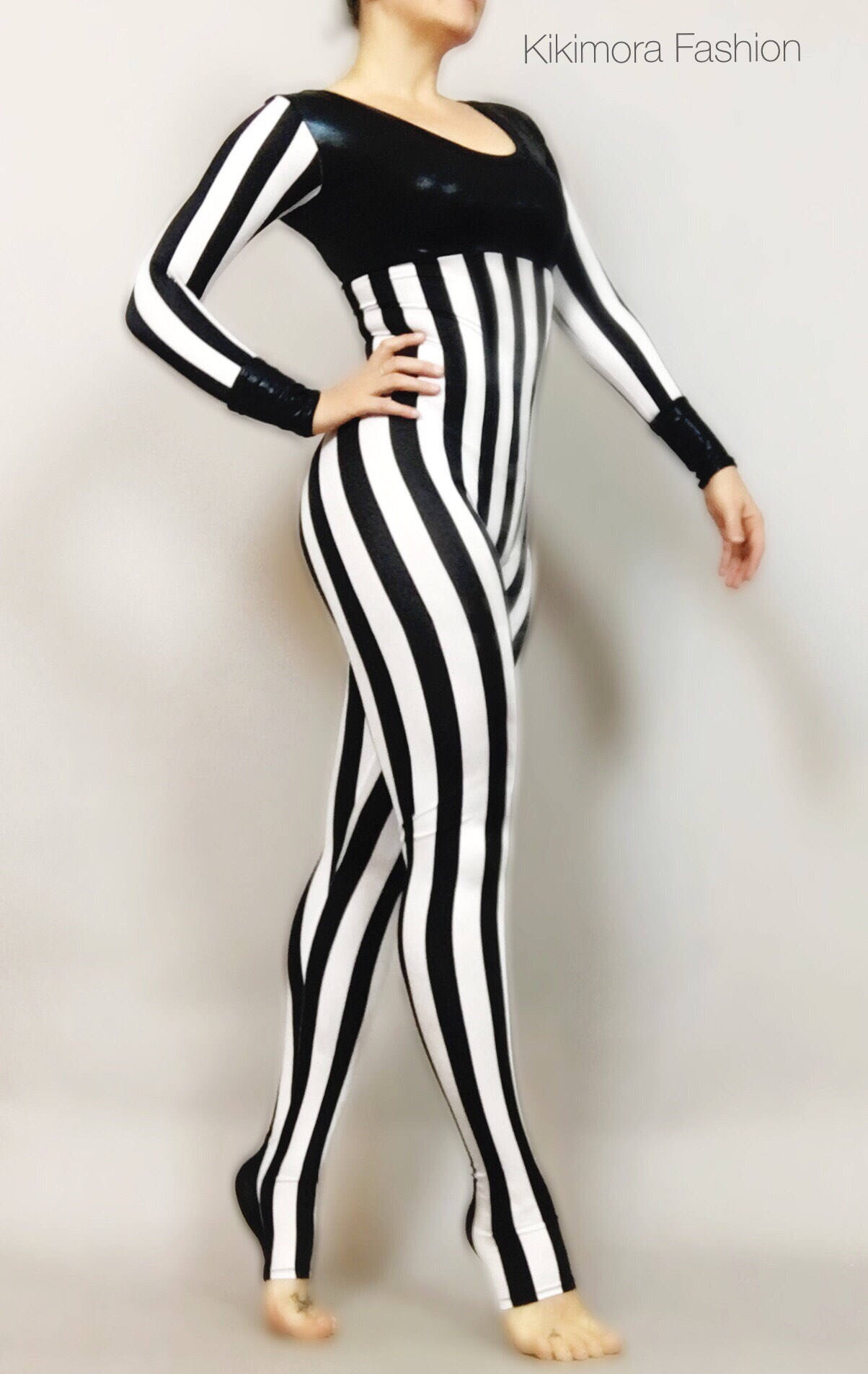Black and White Striped Jumpsuit, Round Neck, Full Sleeves