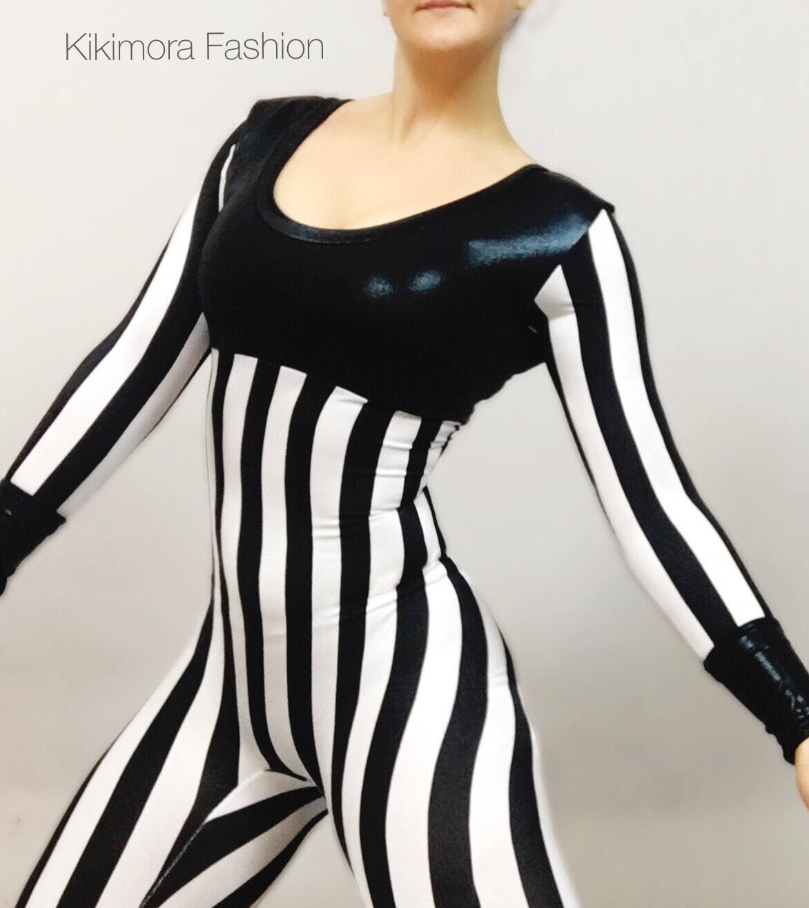 Black and White Striped Jumpsuit, Round Neck, Full Sleeves