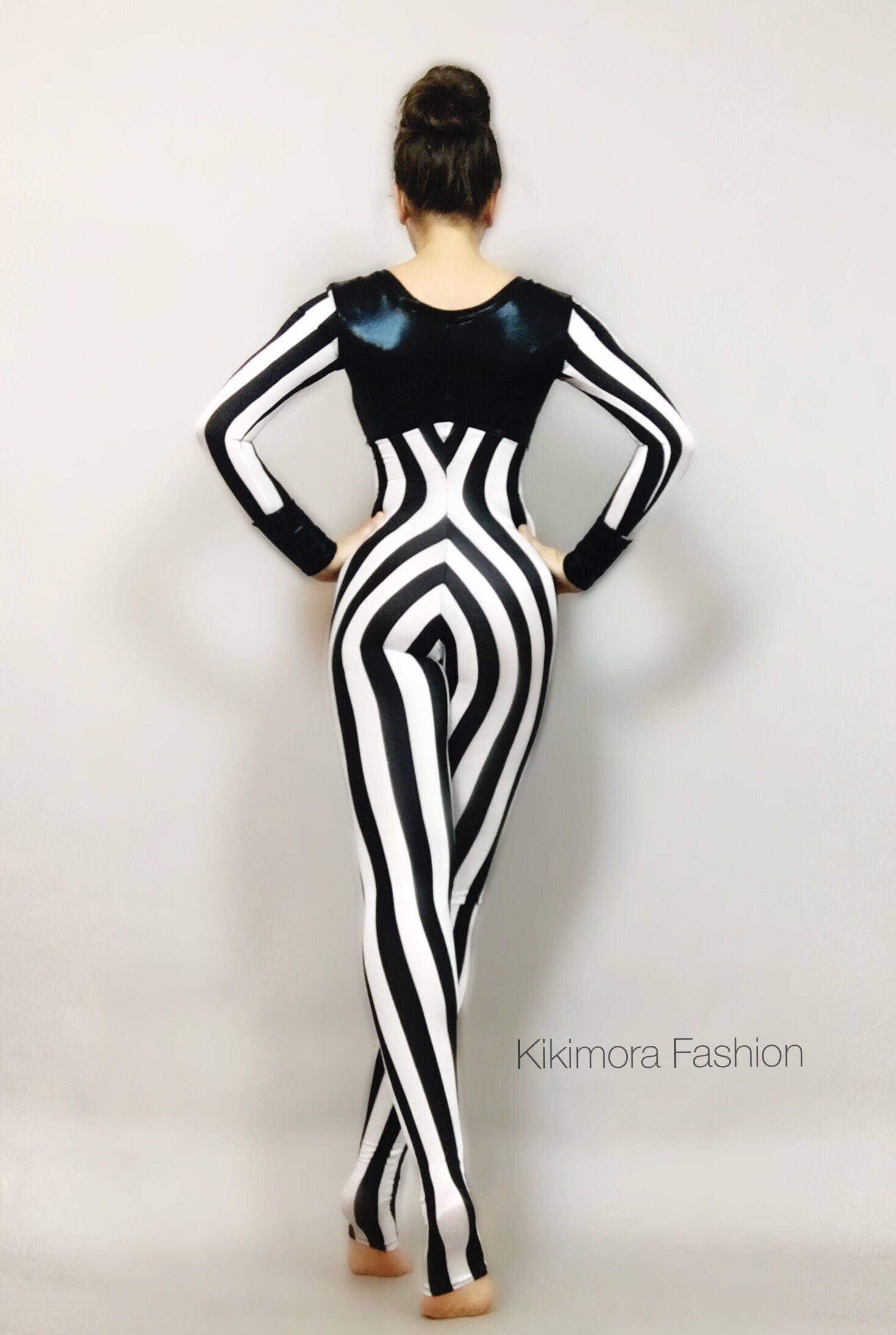 Black and White Striped Jumpsuit, Round Neck, Full Sleeves