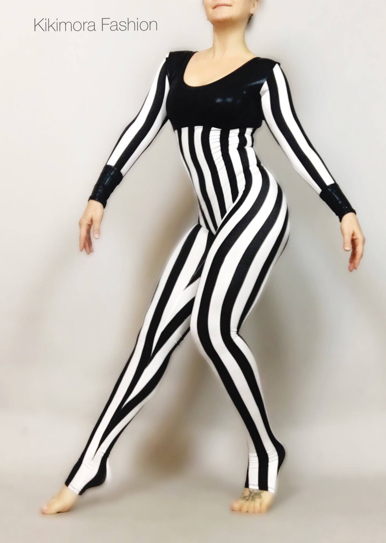 Black and White Striped Jumpsuit, Round Neck, Full Sleeves