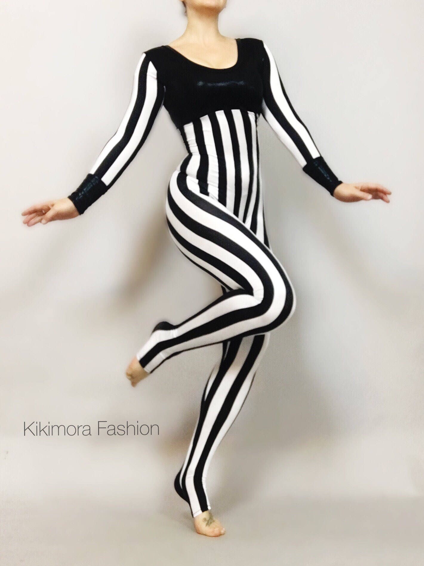 Black and White Striped Jumpsuit, Round Neck, Full Sleeves