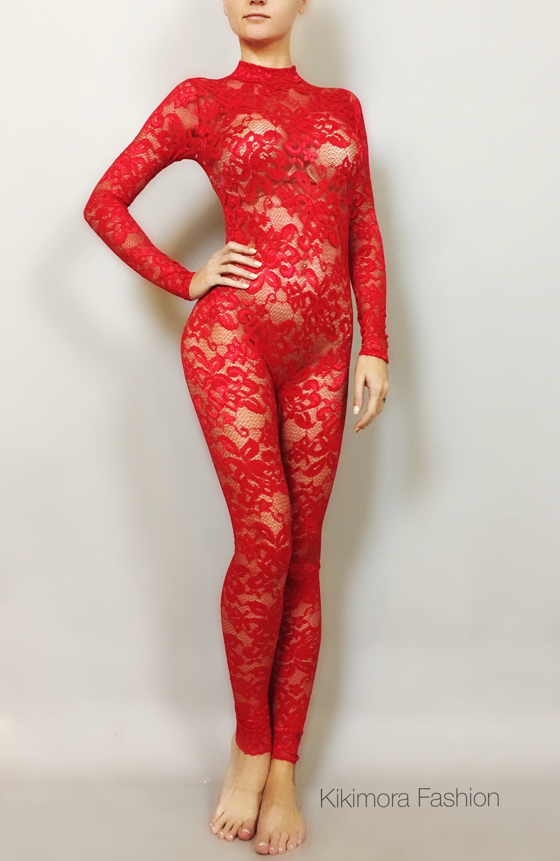 Red Sheer Jumpsuit, Lace Catsuit, Scoop Neck, Full Sleeves