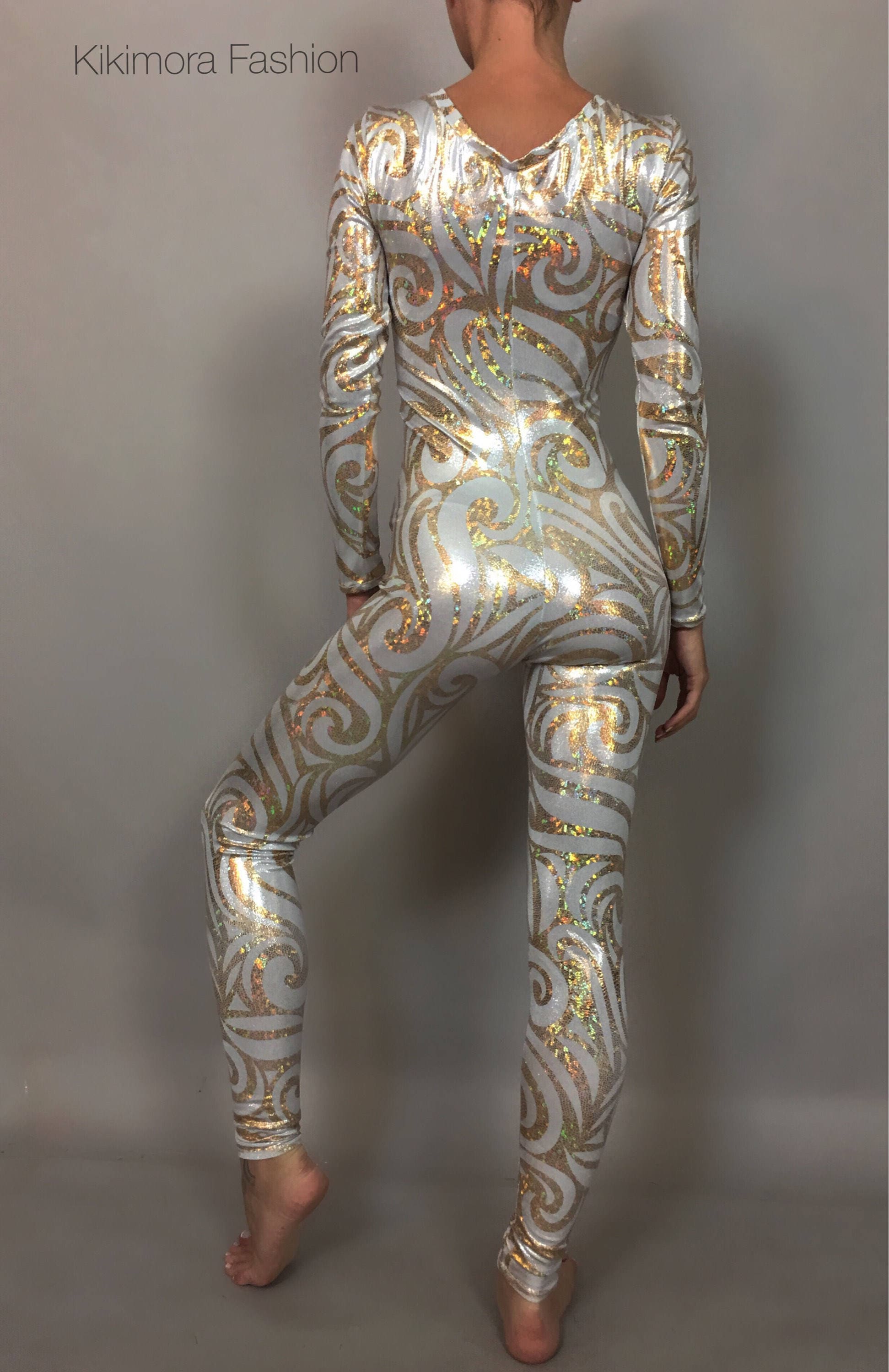White and Gold Catsuit Bodysuit, Full Sleeves, Round Neck