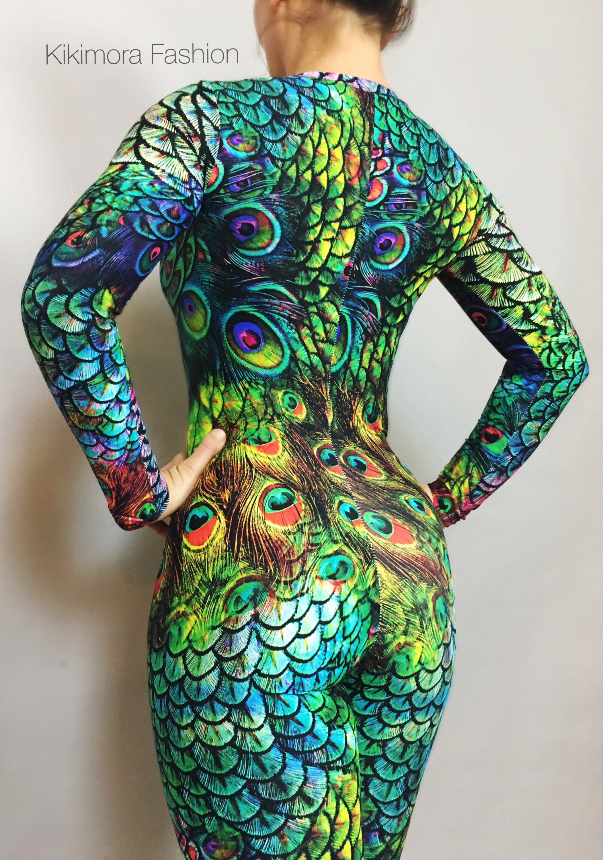 Peacock Print Spandex Catsuit, Contortionist unitard, Aerialist costume, Exotic Dance wear, Made by Measure, Limited edition