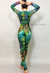 Peacock Print Spandex Catsuit, Contortionist unitard, Aerialist costume, Exotic Dance wear, Made by Measure, Limited edition