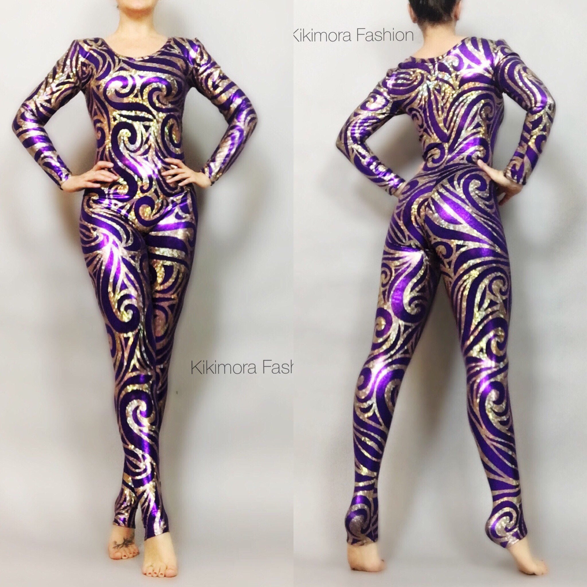 The Night Circus Black and Gold Catsuit, Full Sleeves Bodysuit, Scoop Neck