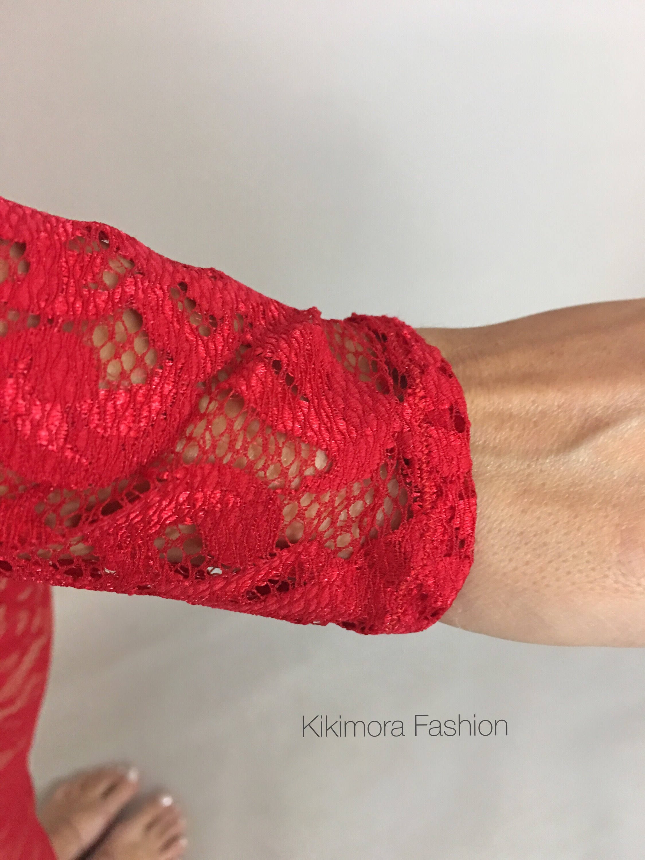 Red Sheer Jumpsuit, Lace Catsuit, Scoop Neck, Full Sleeves