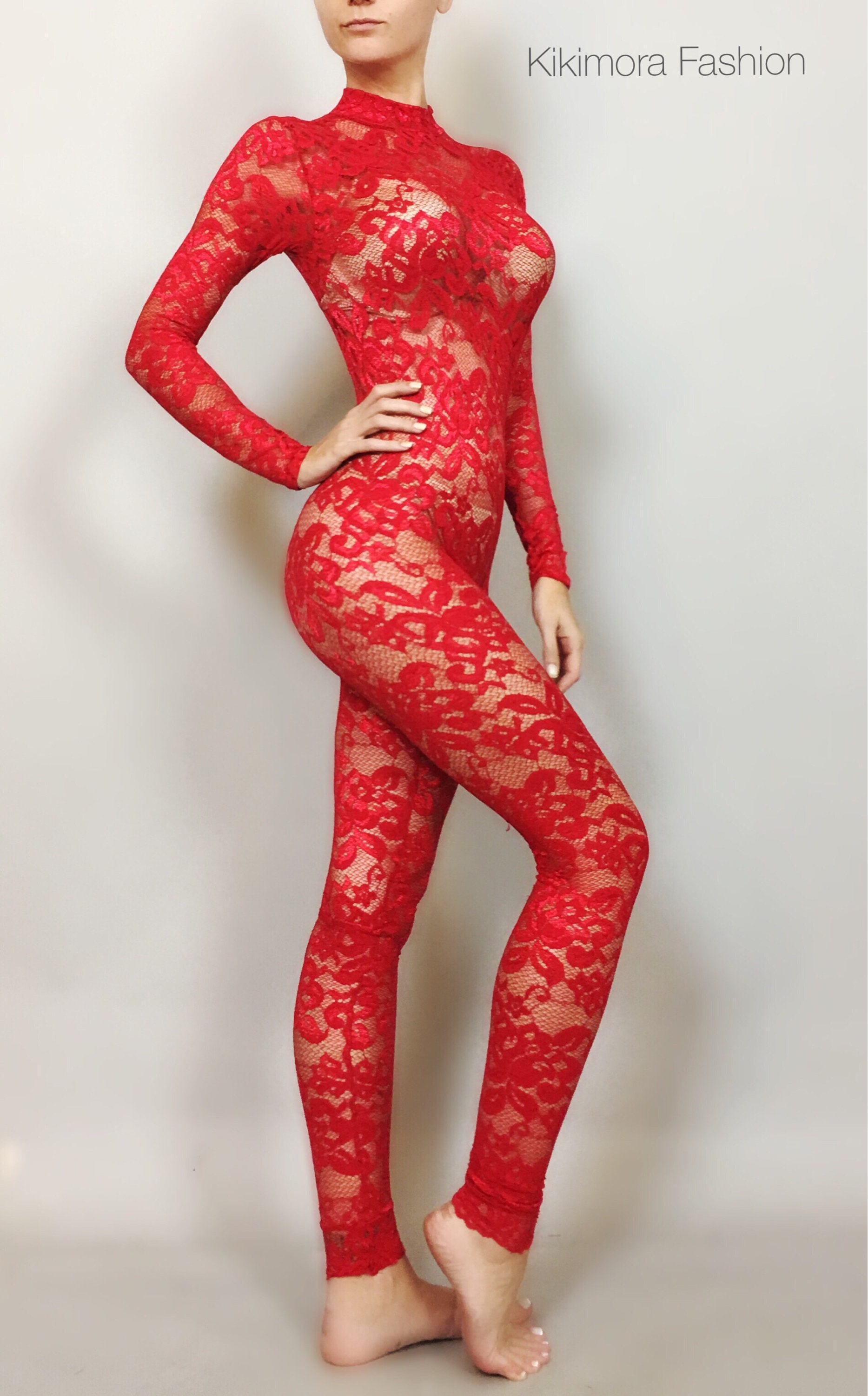 Red Sheer Jumpsuit, Lace Catsuit, Scoop Neck, Full Sleeves